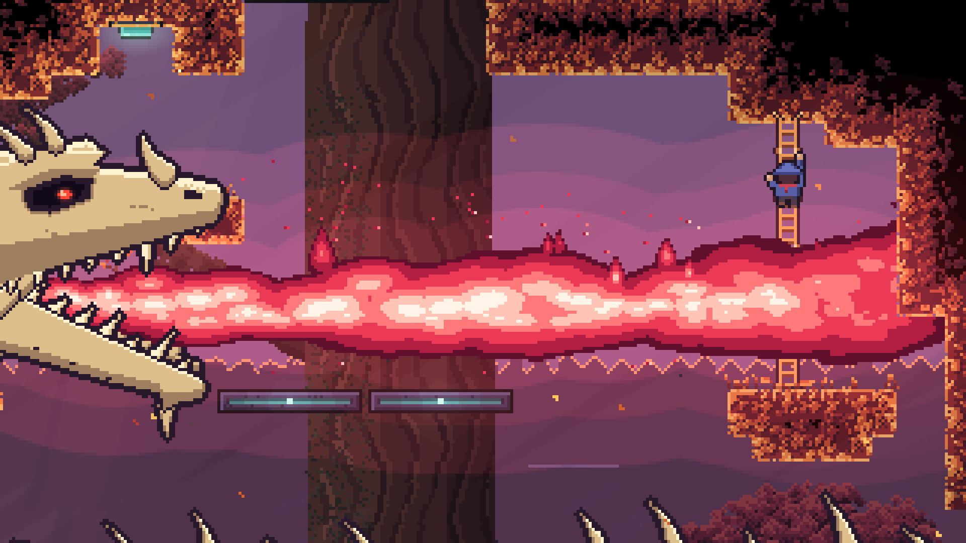 A skeletal dragon breathes a river of red fire beneath Ladder Knight as he climbs his ladder.