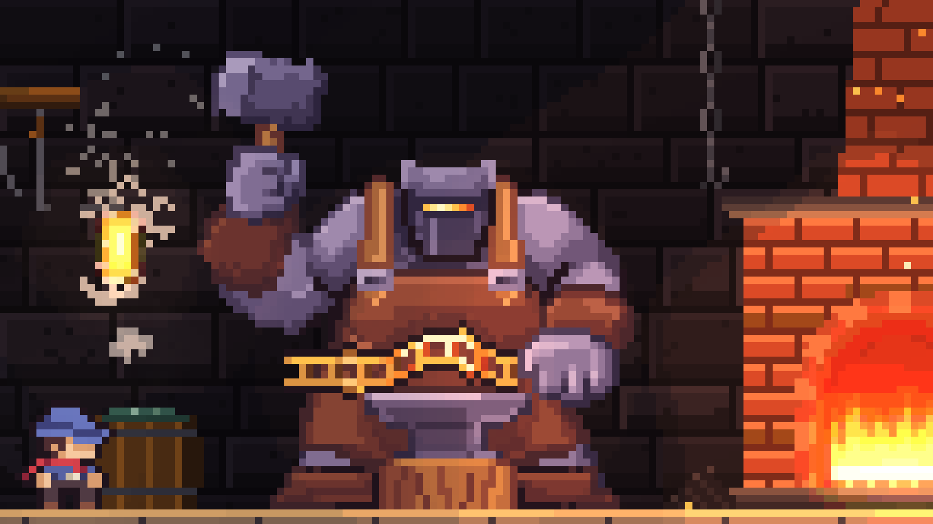 A huge armoured forgemaster bends Ladder Knight’s ladder over an anvil beside a roaring forge.