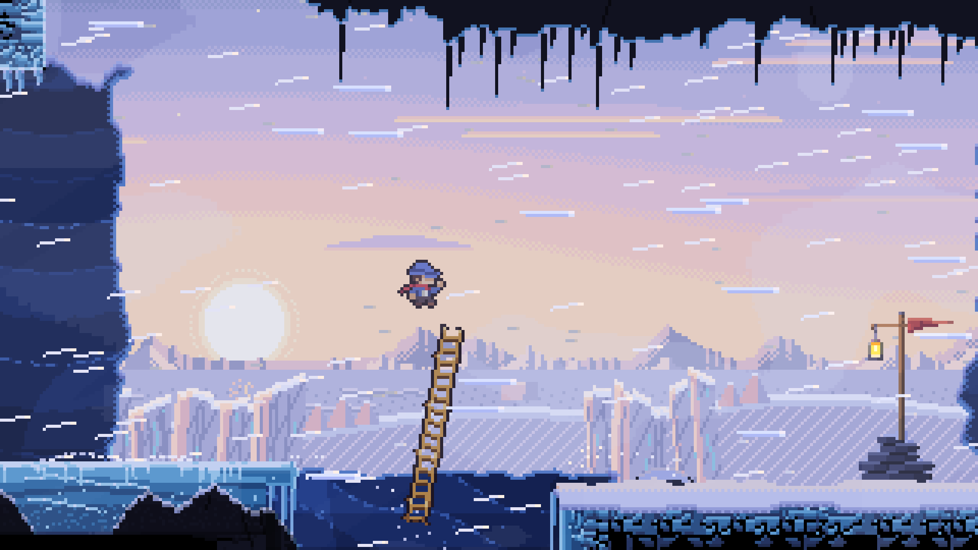 Ladder Knight leaps from his ladder over icy water toward a lantern on a frozen shore at sunrise.