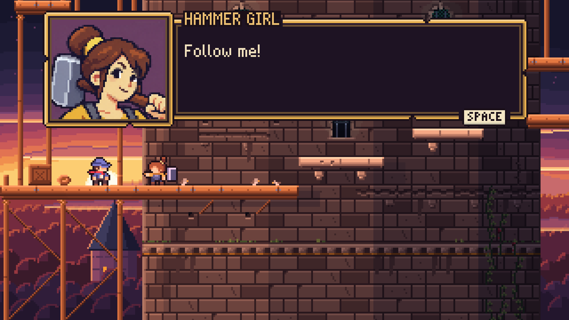 Hammer Girl tells Ladder Knight “Follow me!” on wooden scaffolding beside a stone tower at sunset.