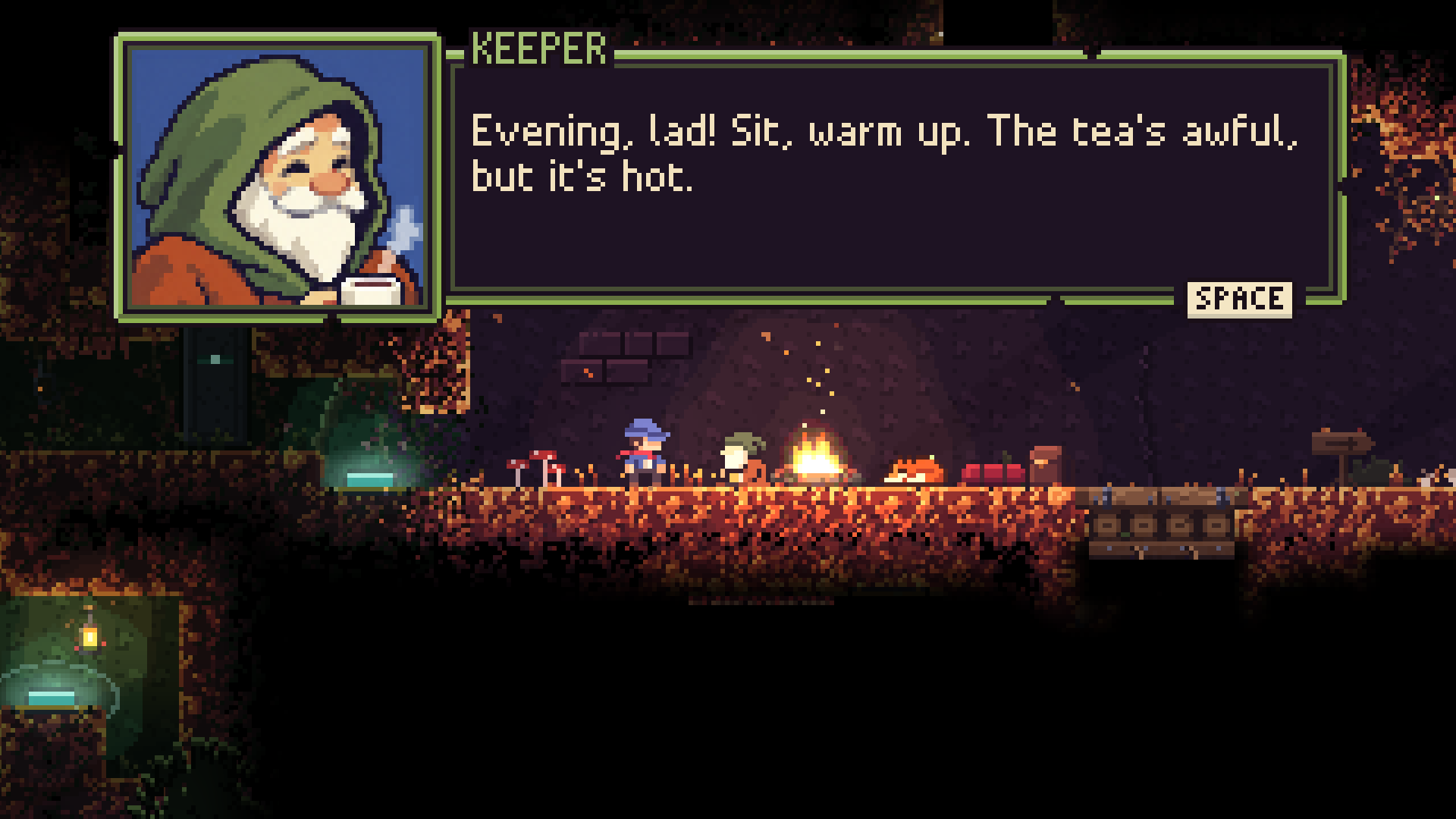 The hooded Keeper greets Ladder Knight at a campfire: “Evening, lad! Sit, warm up. The tea’s awful, but it’s hot.”