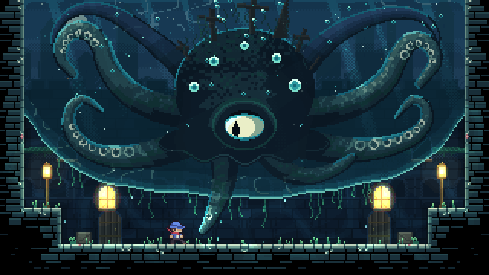 A gigantic one-eyed octopus looms over Ladder Knight in a flooded temple.