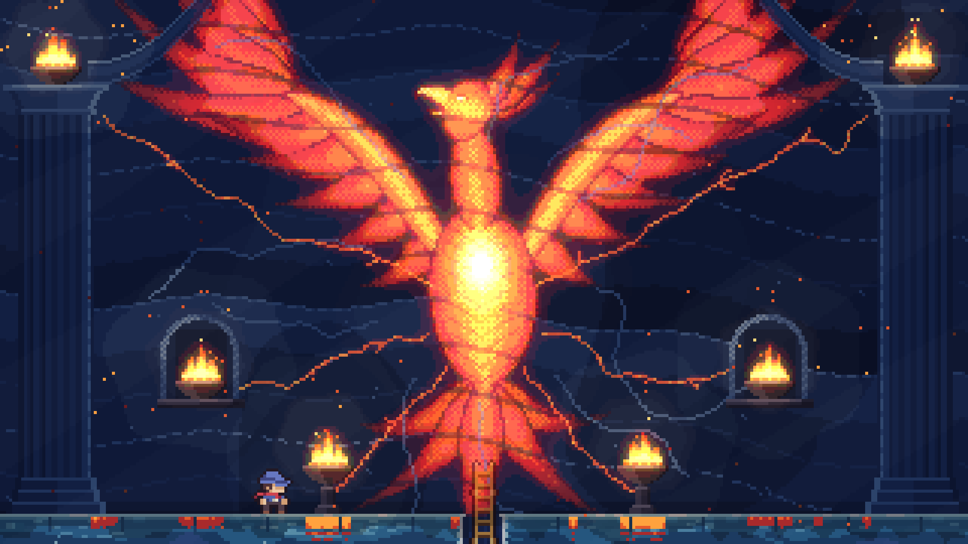 A blazing phoenix spreads its wings over Ladder Knight in a temple of braziers.