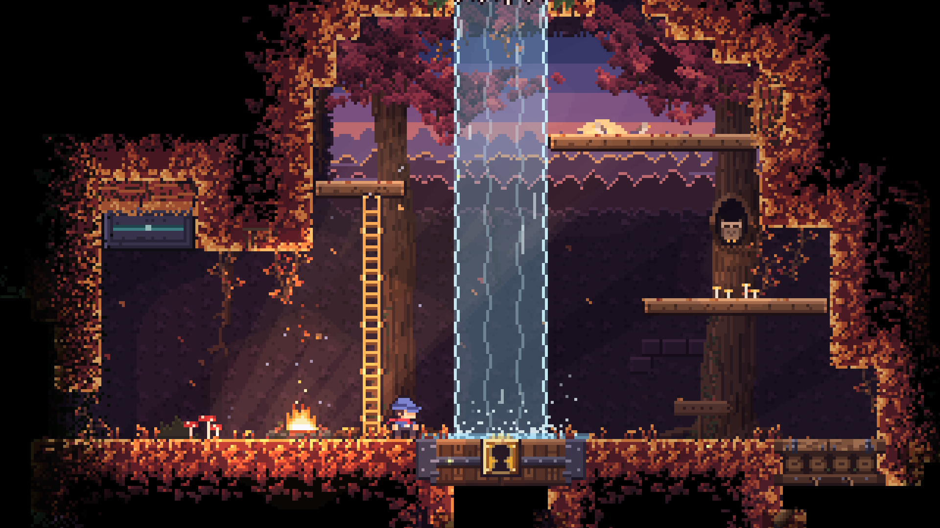 Ladder Knight under red autumn trees, between a campfire and a waterfall, his ladder planted up to a ledge.