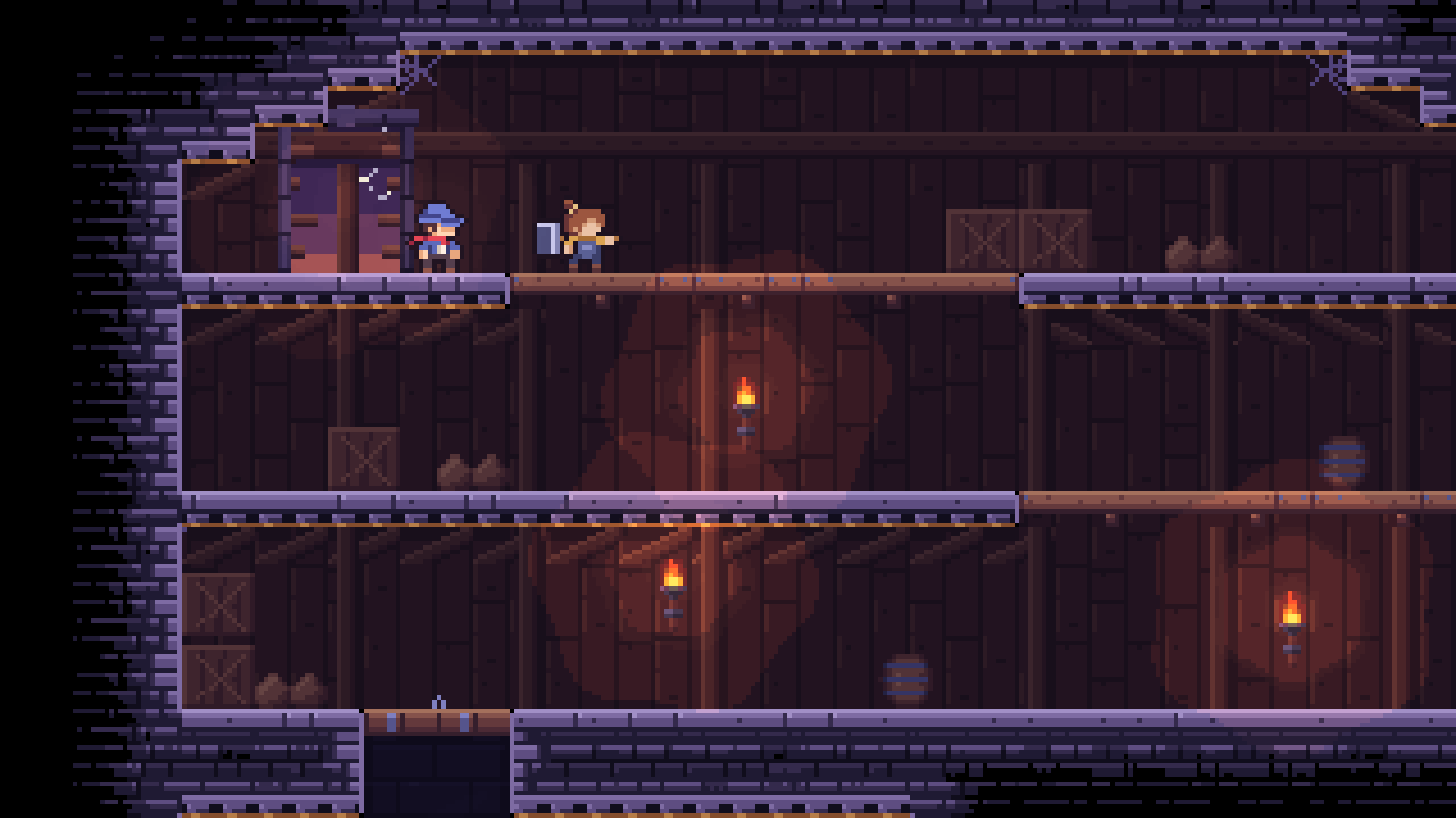 Ladder Knight and Hammer Girl slip into a dark tower of wooden floors, crates and wall torches.