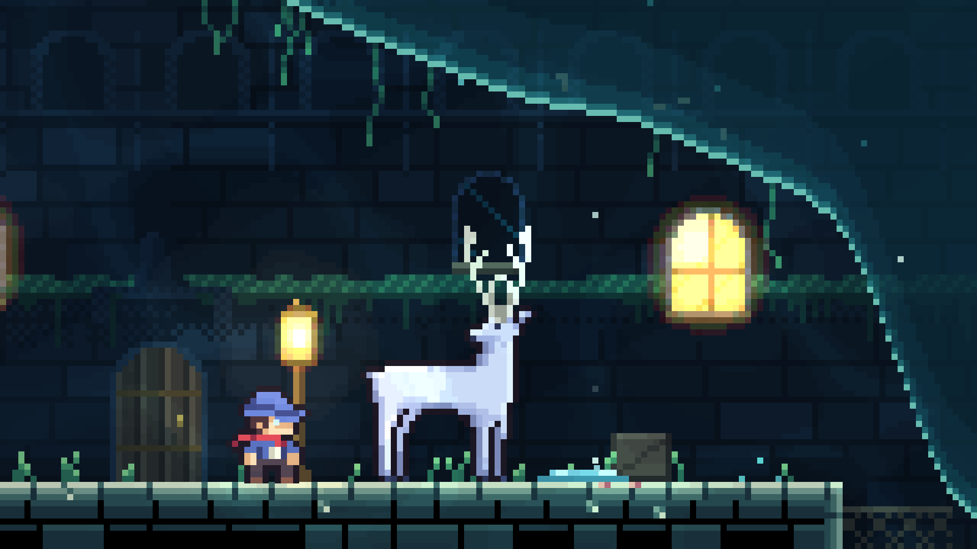 A glowing white stag watches Ladder Knight in a mossy stone hall lit by lanterns.